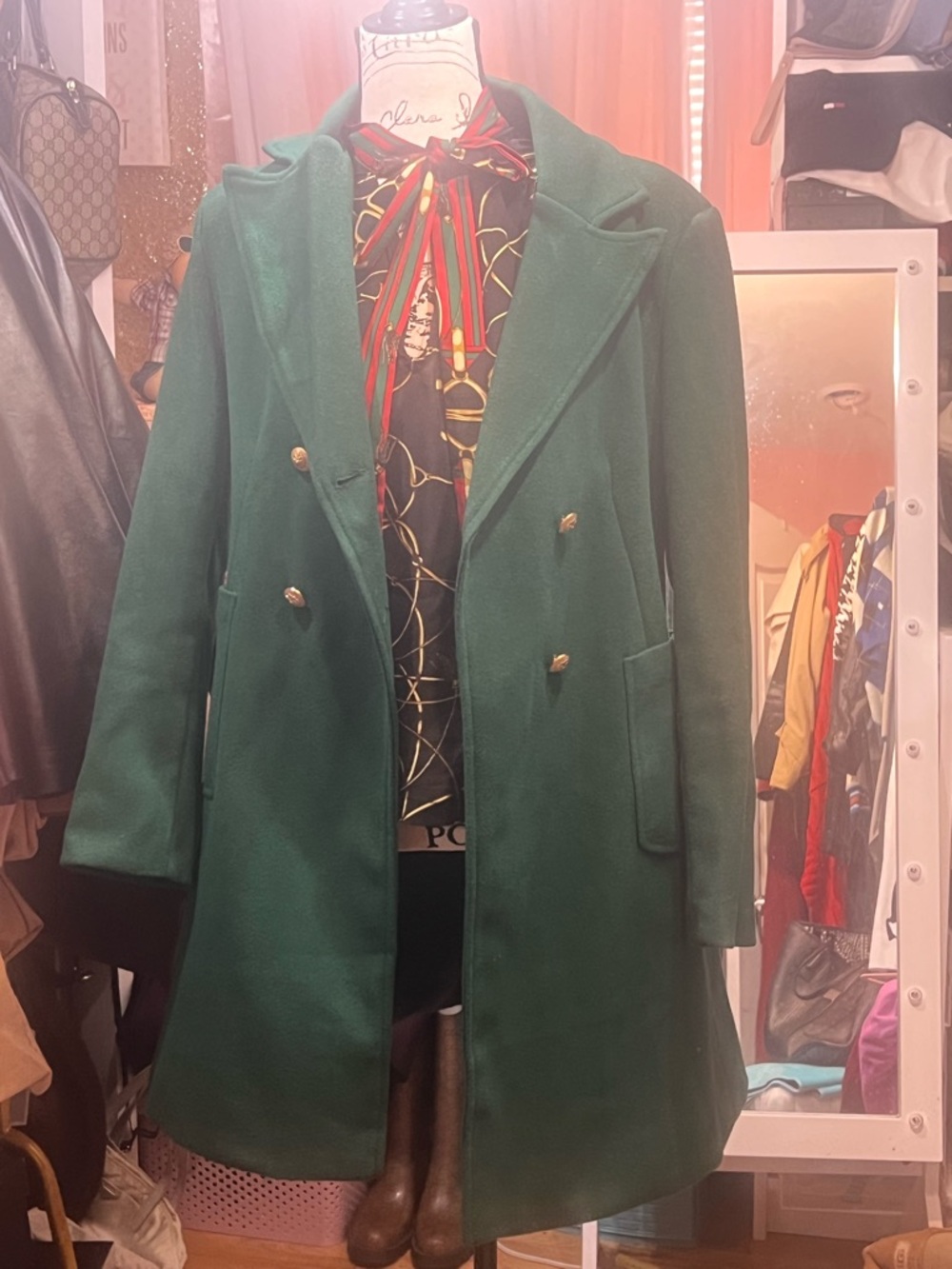 SHEIN Green Double-Breasted POLYESTER Blend Coat